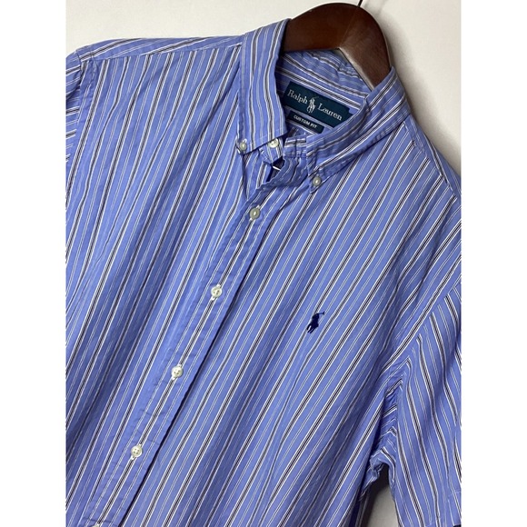 Ralph Lauren Custom Fit Mens Blue Striped Short Sleeve Button Down Shirt Size L - Picture 2 of 9